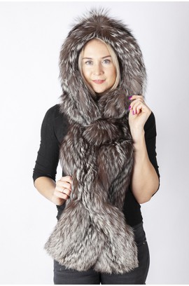 Silver fox fur hood-scarf